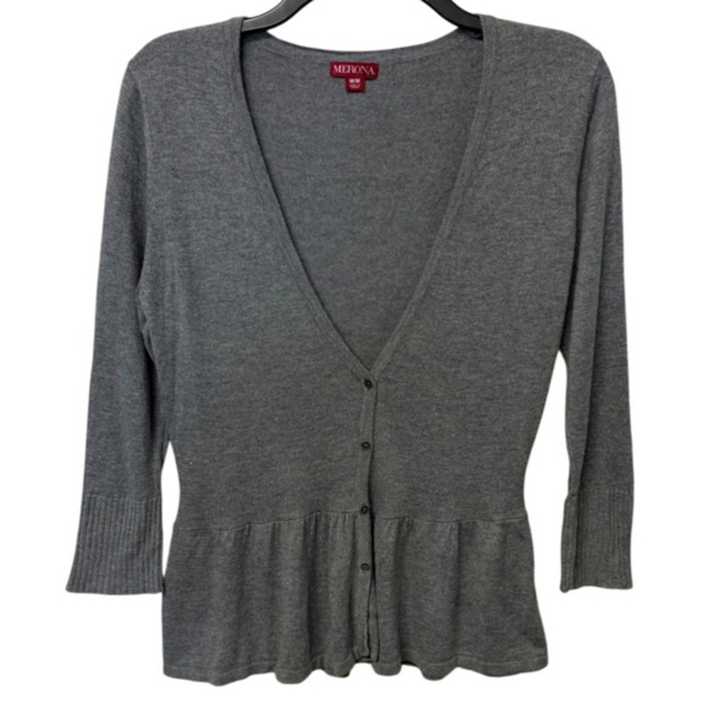 Merona Womens M Medium Gray V Neck Cardigan Peplum Button‎ Up Sweater 3/4 sleeve